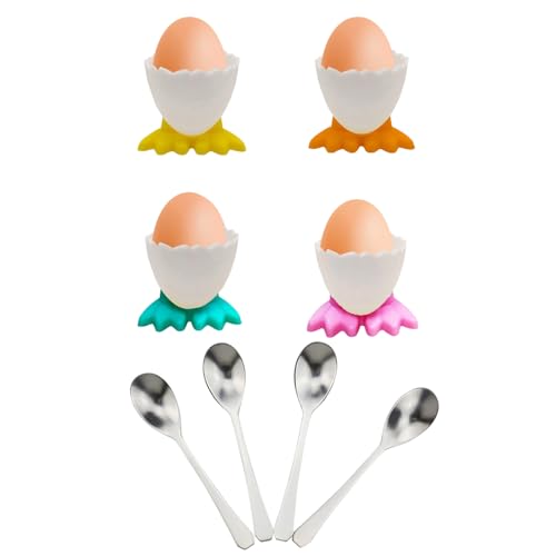 ZesNxj 4 Stück Mehrfarbige Eierbecher Lustig + 4 Stück Eierlöffel Edelstahl Poliert, Eierbecher Plastik für Küche und Esstisch, Ideal für...