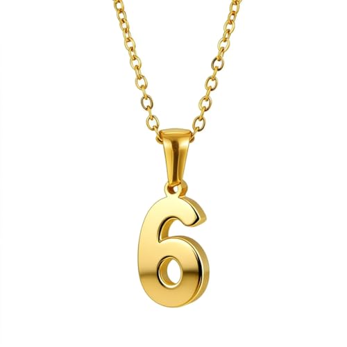 LULUQIFA 18K Gold Plated Number Pendant Necklace for Women Men Tiny Personalized Charms Choker Stainless Steel Chain Dainty Lucky Jewelry for Birthday Sports Gifts (6)
