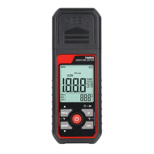 Kivivaka Humidimètre pour bois avec plage RH de 0 à 54,8 %, précision ± 1 %, 7 modes de matériau, maintien des données et affichage rétroéclairé pour bois et matériaux de construction, rouge/noir