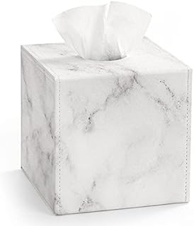 Luxspire PU Leather Tissue Box Holder, Modern Square Tissue Box Cover Decorative Paper Facial Case Dispenser with Magnetic Bottom for Bathroom Vanity Night Stands, Office Car Home Decor, White Marble