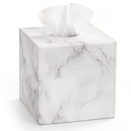 Luxspire PU Leather Tissue Box Holder, Modern Square Tissue Box Cover Decorative Paper Facial Case Dispenser with Magnetic Bottom for Bathroom Vanity Night Stands, Office Car Home Decor-Marble White