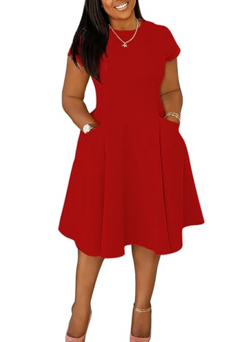 Image of Womens Elegant Casual Short Sleeve Midi Dress Plus Size A Line Work Party Fit and Flare Dress with Pockets