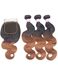 Feelgrace 100% 10A Brazilian Hair Body Wave Bundles with Closure 1B #30 Human Hair Weave Bundles with 4x4 Lace Closure Free Part Black to Dark Brown Body Wave Hair Weft (10 12 14 with 10)