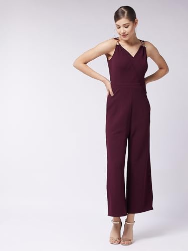 Image of Miss Chase Women's Halter Neck Sleeveless Solid Wide Leg Sequin Paneled Regular Length Jumpsuit