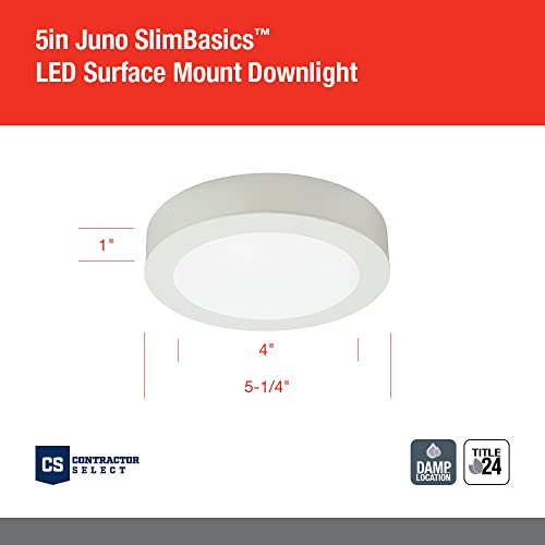 Image of Juno SlimBasics 5 Inch LED Ceiling Light, Low Profile Surface Mount Downlight for Indoor Lighting, 3000K Warm White Light, Edged Trim, DampRated, Matte White (JSBC 5IN 30K 90CRI WH M6)