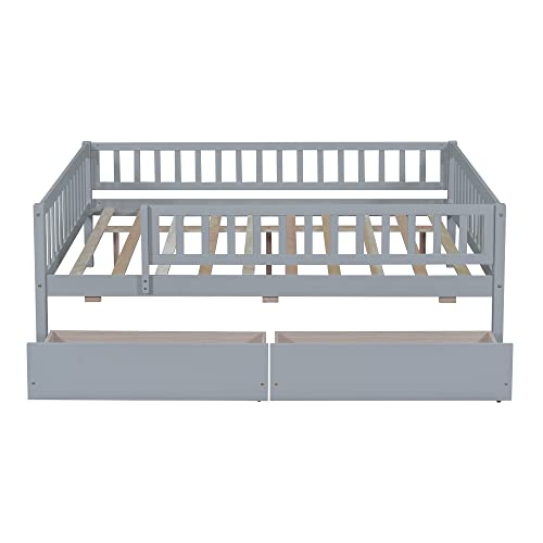 Deinppa Full Bed With Drawers, Kids Daybed With Storage, Wooden Bed Frame With Slat For Kids Children Toddlers Boys Girls-Grey #TOP4