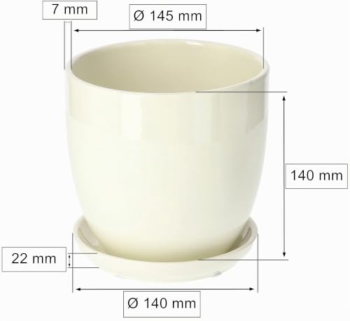 Miniatura 2 de Kotarbau Macetero Con Plato De Ceramica Esmaltada, 15 Cm, Maceta Para Interiores Y Exteriores, Tiesto Decorativo Para Plantas, Beige, Con Plato Y Orificio De Drenaje