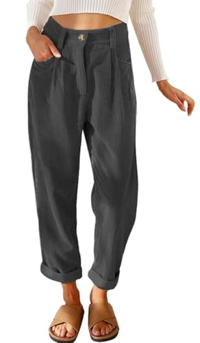 Pantalon en velours côtelé femme chic vintage décontracté à taille haute avec poches latérales