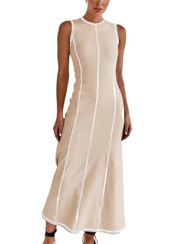 Image of Women's 2025 Summer Sundress Elegant Casual Crew Neck Sleeveless Knit Striped Bodycon Maxi Dress