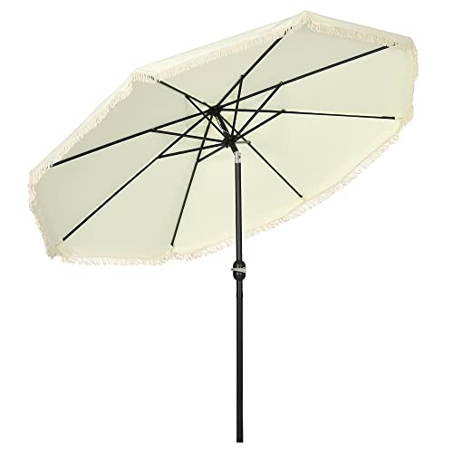 Outsunny 9Ft Patio Umbrella With Push Button Tilt And Crank, Ruffled Outdoor Market Table Umbrella With Tassles And 8 Ribs, For Garden, Deck, Pool, Cream White #TOP24