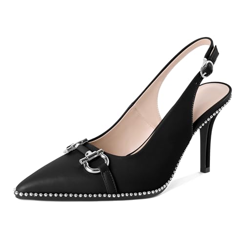 Soireelady Womens Beaded Pumps Stiletto Heels Slingback Pointed Toe High Heel Slip On Ankle Strap Adjustable Buckle 3.5 Inch Fashion Shoes Black Matte US Size 10.5