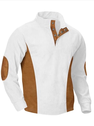 Men's Casual Stand Up Collar Long Sleeved Corduroy Sweatshirt Button Up Warm Pullover Sweater with Elbow Patches