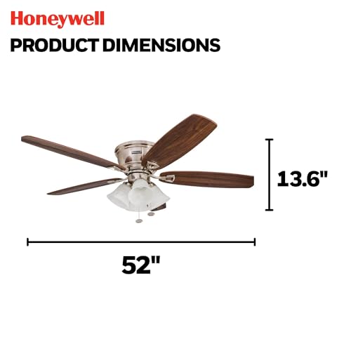 Honeywell Ceiling Fans Glen Alden, 52 Inch Classic Flush Mount Indoor LED Ceiling Fan with Light, Pull Chain, Quick-2-Hang Dual Finish Blades, Reversible Motor - 50182 (Brushed Nickel) thumbnail 6