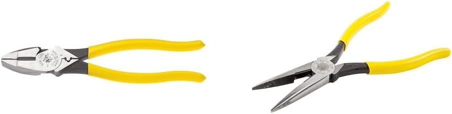 Klein Tools D213-9NE-CR Lineman's Crimping Pliers & D203-8 Needle Nose Pliers, Long Nose Side Cutters, Alligator Pliers with Extended Handles, 8-Inch