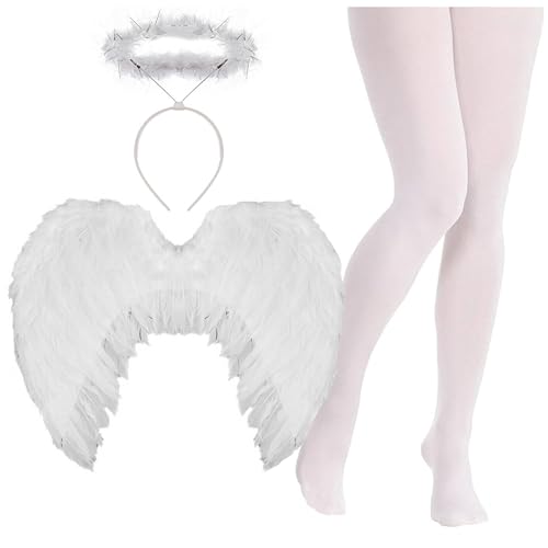 Costume d'ange pour adultes – Taille XL – Bandeau halo blanc, ailes d'ange blanches et collants blancs – Parfait pour un déguisement de Noël