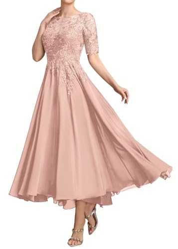 Mother of The Bride Dresses for Wedding Lace Appliques Chiffon Short Sleeve Mother of The Groom Dress Ankle Length He6017