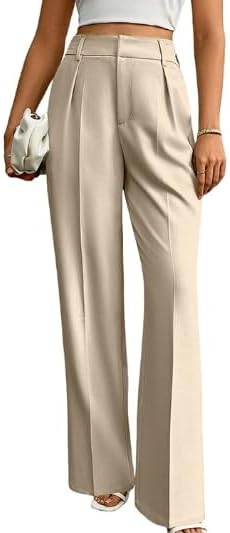 Solid Casual Straight Leg Women's High Waist Pants Business Commu...