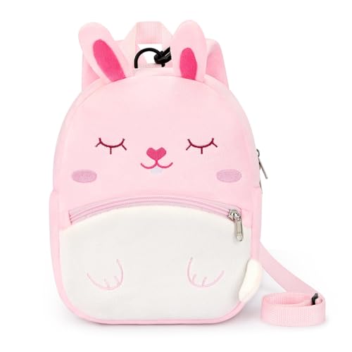 mibasies Cute Bunny Plush Toddler Backpack - 8 x 3.5 x 10 inches, Pink, Anti-Lost Leash, Unisex, Preschool, Soft Shell, Daypack