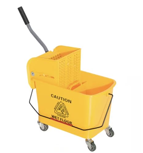 5 Gallon Yellow Industrial Plastic Mop Bucket with Side Press Wringer and Wheels NZ82761