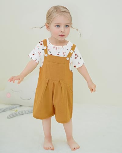 ZOEREA Toddler Girl Clothes, 2Pcs Baby Girl Outfits Spring/Summer Stripe/Floral T-Shirt+Bib Overall Shorts Clothing Set 1-5T (Yellow A, 18-24 Months)