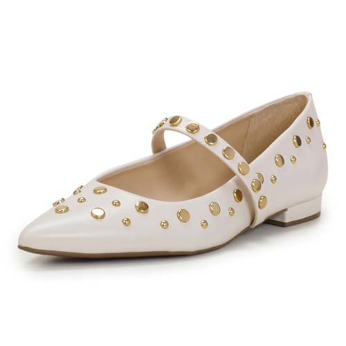 FOWT Women Pointed Toe Comfortable Flat Pumps Rivet Studded Mary Janes Fashion Street Daily Outfit Shoes Size 4-16 US