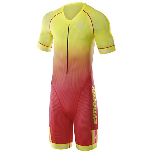 Synergy Triathlon Tri Suit - Men's Elite Short Sleeve Trisuit Cycling Skinsuit (Sunset Red, Medium)
