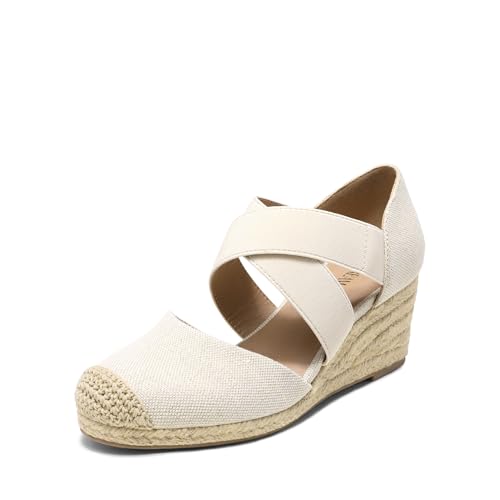 DREAM PAIRS Womens Close Toe Espadrilles Platform Slip on Elastic Criss Cross Straps Dressy Wedges Sandals,Size 8.5,Linen,SDPW226W