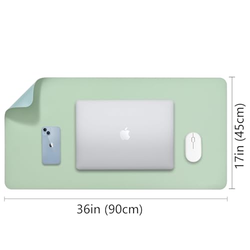 Image of AROPANA Vegan Leather Desk Mat | Large Reversible Mouse Pad & Computer Table Protector | Dual-Side Waterproof Extended Laptop Pad with Edge-Stitched Design (90x45CM, Light Green and Blue)