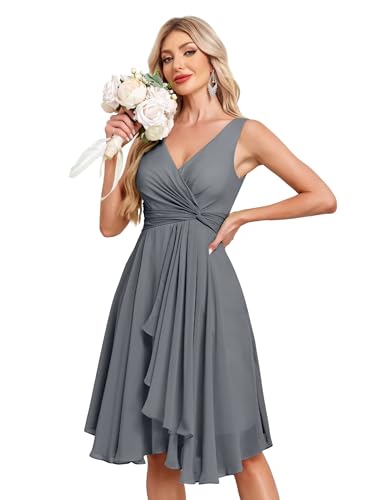 Image of Women's V Neck Short Bridesmaid Dresses 2025 Ruched Waist A Line Chiffon Formal Cocktail Party Dress