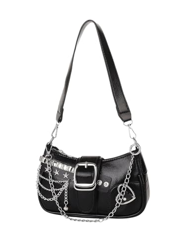 OYOANGLE Women's PU Leather Shoulder Bags Y2K Chain Decor Zipper Top Handle Handbags Small Underarm Bags