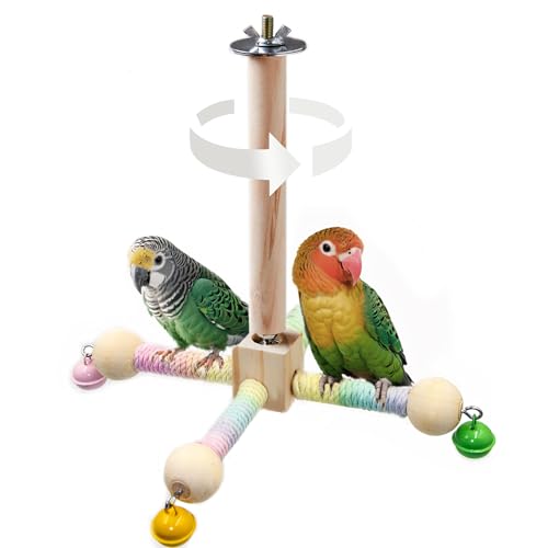 Image of Bird Perch Toy with Bells, Interactive Wooden 360 Spin Cage Toy(S) | Exercise Wheel Parrot Toy, Cotton Wrapped for Soft Grip, Enrichment Bird Cage Accessories for Budgies Lovebirds Cockatiel