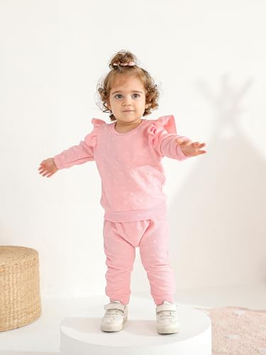 2pcs Baby Girl Love Heart Textured Ruffle Trim Long-sleeve Pullover and Bow Front Pants Clothes Set2