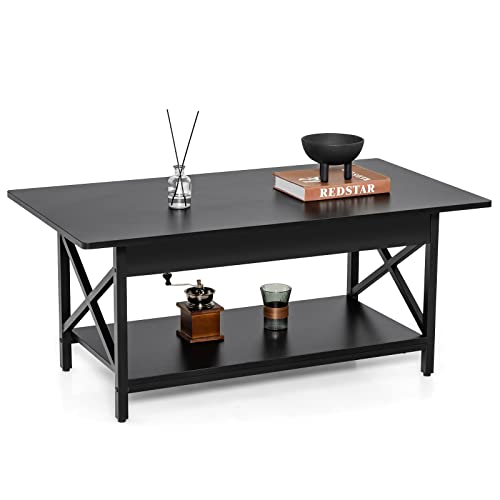 Costway Industrial Coffee Table, 2-Tier Wood Cocktail Tea Table With Storage Shelf And X-Shape Steel Frame, Rectangle Sofa Side Accent Table For Living Room Home Office, Black #TOP16
