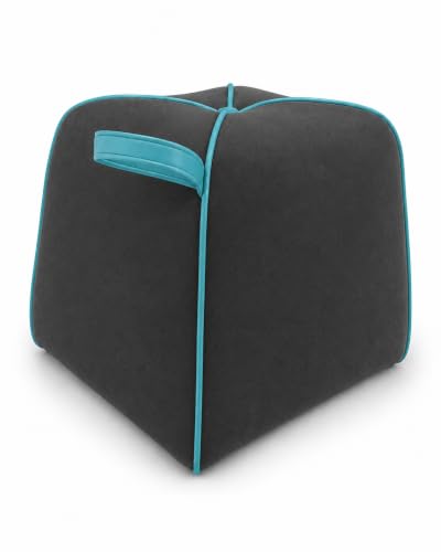 Image of FURNY Signature Regalia Suri Accent Pouf | Boston Fabric | 40D High-Density Foam | (Ash Grey with Ocean Blue Piping) | Footrest, Vanity Ottoman & Accent Seat for Home, Office & Hotel