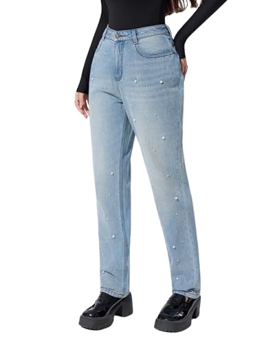 LERK Women Pearl Mid Waist Regular Fit Ankle Length Straight Jeans with Pockets2