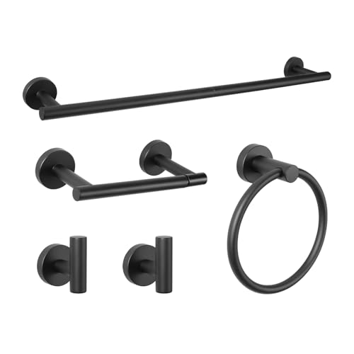 5-Piece Towel Racks for Bathroom, Stainless Steel Bathroom Accessories Set, Bathroom Towel Holder Wall Mounted, Sturdy Bath Towel Bar Set Bathroom Hardware Set (Matte Black, 2 Pillar Paper Holder)