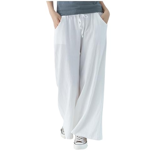 Women's Palazzo Pants Summer Cotton Linen Drawstring Elastic Waist Wide Legs Trousers Casual Solid Color Loose Pant