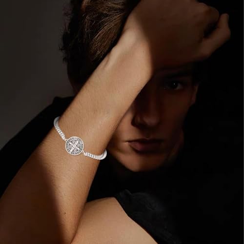 925 Sterling Silver Patron Saint Medal Bracelet with Stainless Steel Double Chain 7"+2"4