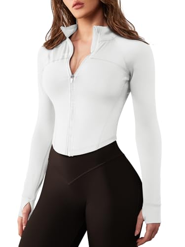 GYM RAINBOW Women's Zip Up Workout Jacket Lightweight Slim Fit Athletic Jacket Cropped Running Gym Tops with Thumb Holes(1 White,Medium)