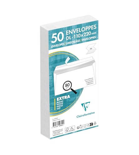 Clairefontaine 5935C - Packung mit 50 Umschlägen weiß DL-110x220mm, vertraulich, selbstklebend, 80g, 1 Pack
