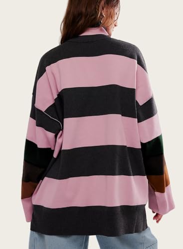 Image of Womens Striped Sweater Quarter Zip Sweater Drop Shoulder V Neck Y2k Pullover Sweaters