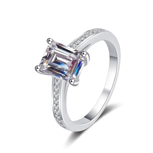 2 Carat Emerald Cut Moissanite Rings, 18K White Gold Plated 925 Sterling Silver Lab Grown Diamond Ring, D Color VVS1 Engagement Rings, Wedding Band Promise Rings for Her