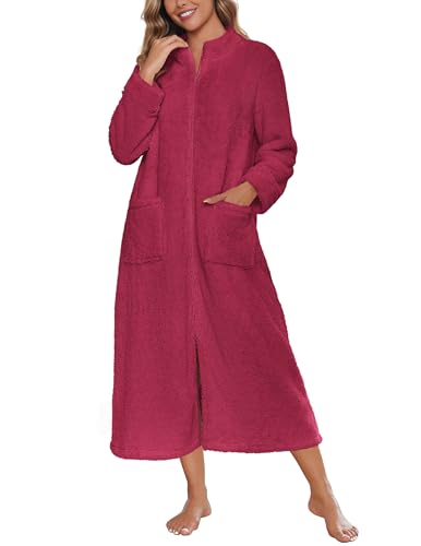 Image of Ekouaer Women Zipper Robe Fleece Long Sleeves Bathrobe Sleepwear Warm Soft Housecoat with Pockets Zip Up House Dresses