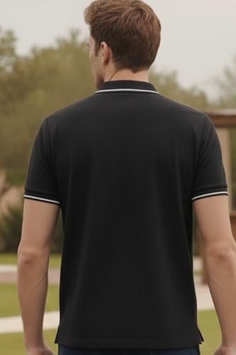 Image of Louis Philippe Men's Slim Fit Single-Tuck Pique Stylized Sleeve Print and Contrast Tipping Half Sleeve Solid Polo Tshirt