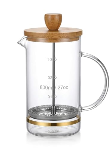 Image of Glass French Press Coffee Maker-Heat-Resistant Borosilicate Glass with Eco-Friendly Bamboo Lid & Wood Knob - Manual Coffee & Tea Brewer with Measurement Markings & Stainless Filter