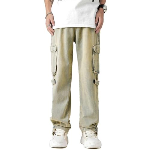 Xingfenly Korean Style Straight Gradient Jeans Men Big Pockets Wide-Leg Middle Waist Pants Male Trousers Size