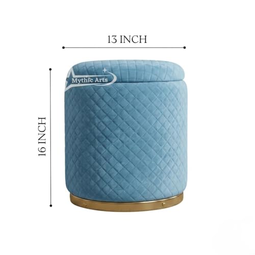 Image of Premium Round Storage Ottoman Stool 13 X 13X 16 inch, with Gold Metal Base | Luxury Pouffe with Hidden Storage | Cushioned Footrest for Living Room, Bedroom & Lounge Sky Blue