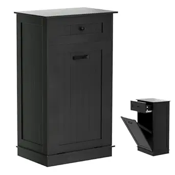 Wooden Tilt Out Trash Cabinet Bin, Dog Proof Garbage Can Holder, Kitchen Island with Laundry Hamper, Black