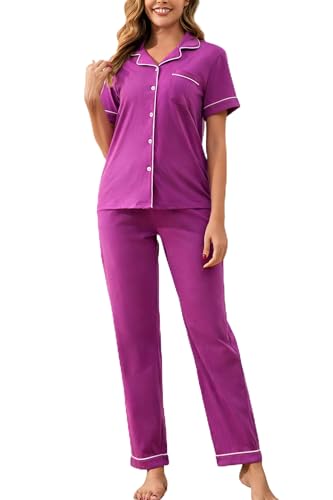 Image of 100% Cotton Pajama Sets for Women 2 Piece Long Sleeve Button Down Pjs Soft Comfy Ladies Sleepwear Lounge Sets S-XL