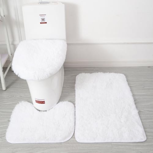 XIZHI Bathroom Rugs Sets 3 Piece U-Shaped Toilet Floor Mat + Rugs +Toilet Lid Cover Mat with PVC Point Rubber Backing (White)